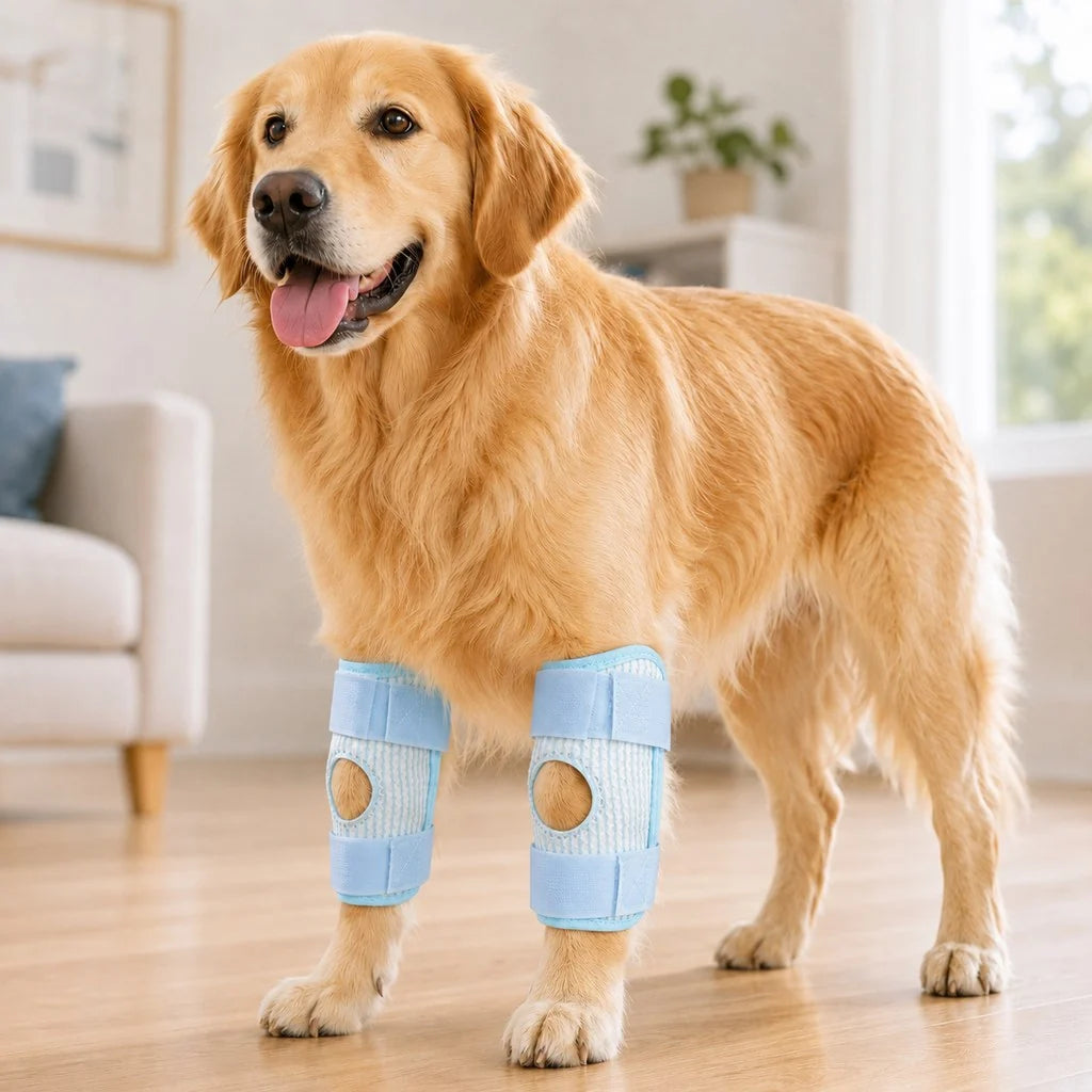 Adjustable dog knee brace designed for both front and rear legs, featuring a breathable 3-layer support system to enhance mobility and comfort for injured or recovering 12