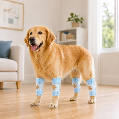 Adjustable dog knee brace designed for both front and rear legs, featuring a breathable 3-layer support system to enhance mobility and comfort for injured or recovering 9