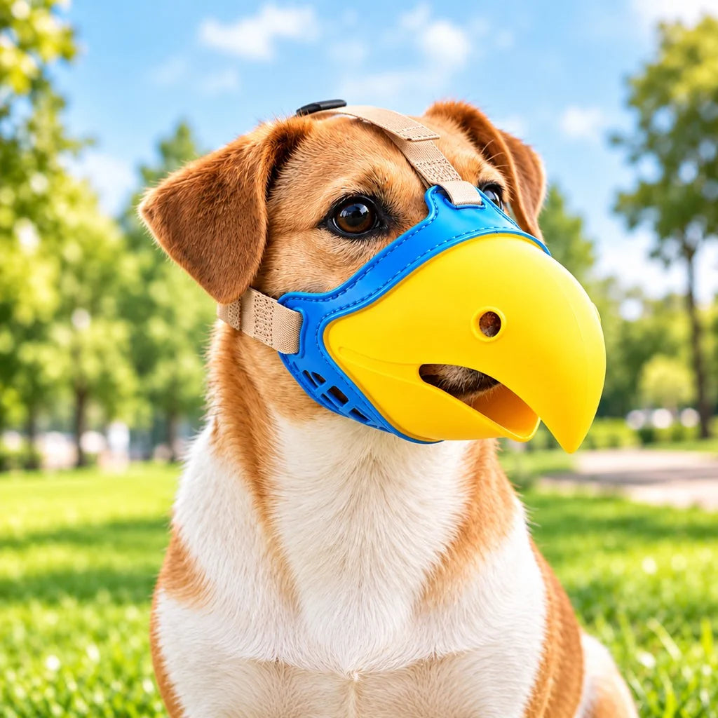 Adjustable dog muzzle designed for biting prevention, featuring a breathable parrot beak design and made from flexible TPR material for comfort and safety. 0