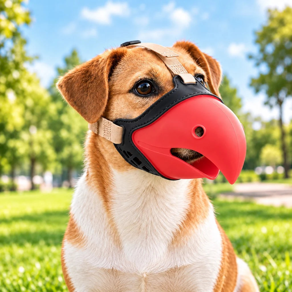 Adjustable dog muzzle designed for biting prevention, featuring a breathable parrot beak design and made from flexible TPR material for comfort and safety. 1