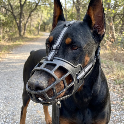 Adjustable dog muzzle featuring a drink-through basket design and reflective strip for enhanced safety, available in multiple sizes for all breeds. 0
