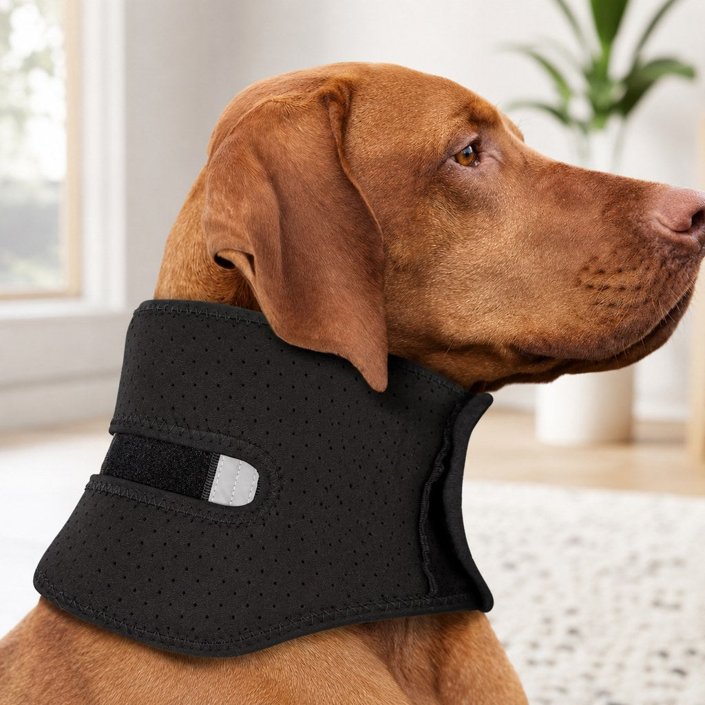 Adjustable dog neck brace in reflective black design, made with breathable fabric for enhanced stability and comfort. 0