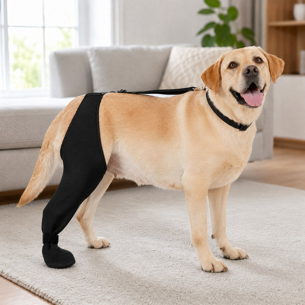 Adjustable dog recovery sleeve with paw cover in soft black fabric, designed for post-surgery care on left or right hind leg, available in sizes S 0