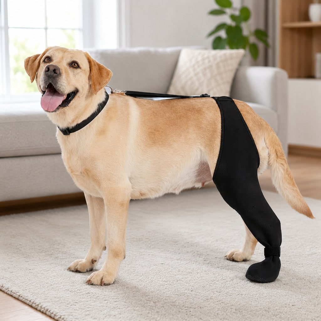 Adjustable dog recovery sleeve with paw cover in soft black fabric, designed for post-surgery care on left or right hind leg, available in sizes S 1