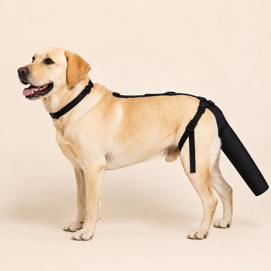 Adjustable dog tail protector with padded coverage, designed for sensitive tails, featuring soft fabric recovery sleeve for comfort and protection. 0