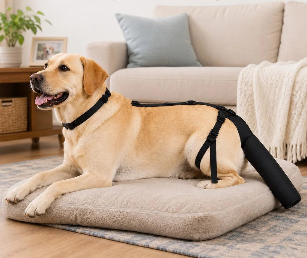 Adjustable dog tail protector with padded coverage, designed for sensitive tails, featuring soft fabric recovery sleeve for comfort and protection. 2