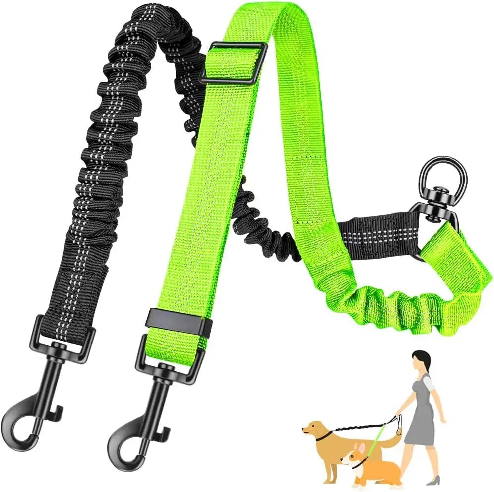 Adjustable Double Dog Leash with Bungee and Anti-Tangle Design – 42 to 60 cm, Reflective Nylon for Safe Walking 0