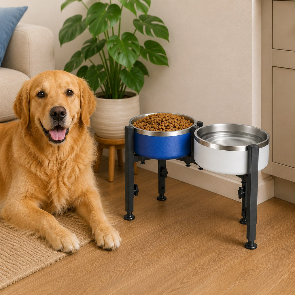 Adjustable elevated dog bowl stand with removable stainless steel bowl, designed for large dogs, featuring a sturdy metal construction for durability and ease of use. 1