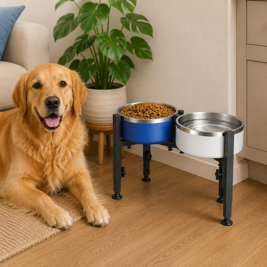 Adjustable elevated dog bowl stand with removable stainless steel bowl, designed for large dogs, featuring a sturdy metal construction for durability and ease of use. 1