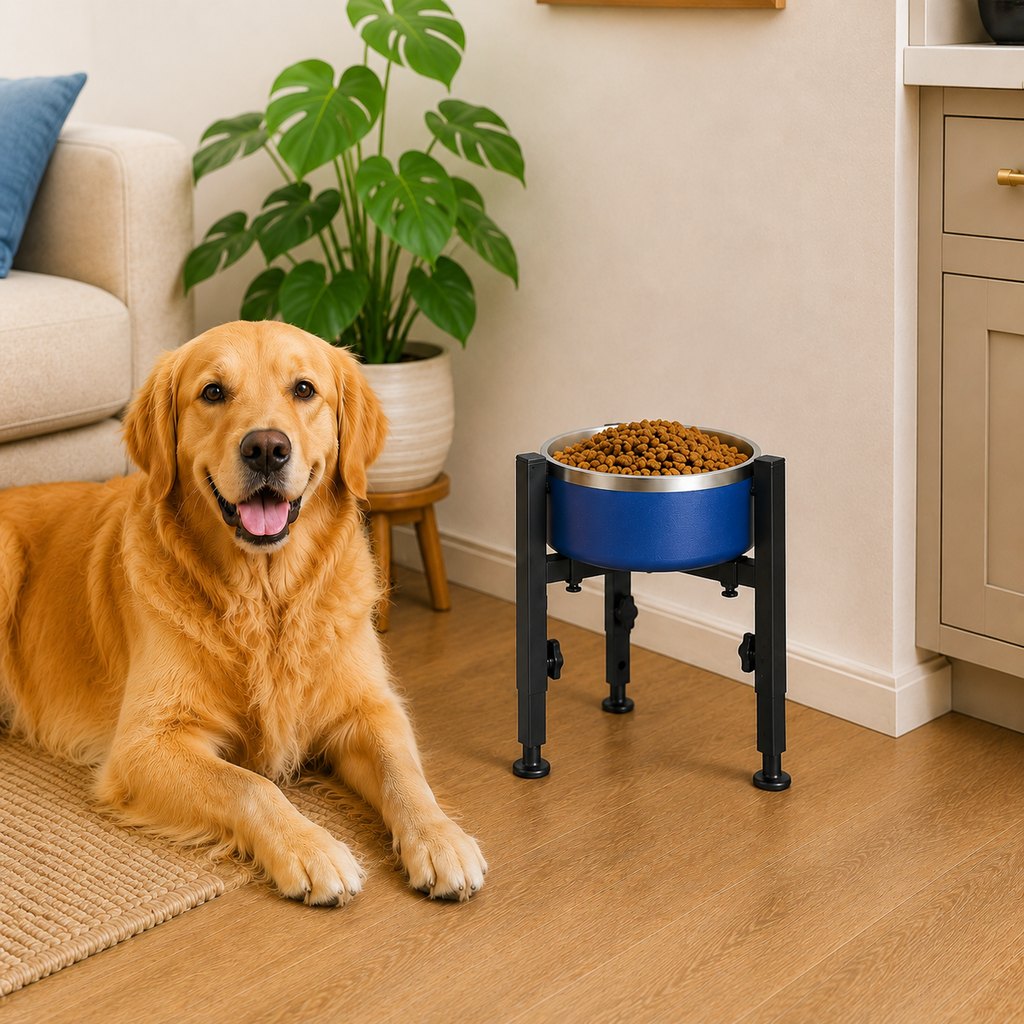 Adjustable elevated dog bowl stand with removable stainless steel bowl, designed for large dogs, featuring a sturdy metal construction for durability and ease of use. 9