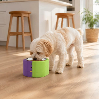 Adjustable elevated dog feeder with stainless steel bowl and slow-feeder insert, designed for cats and small dogs, featuring a compact design for small spaces. 1