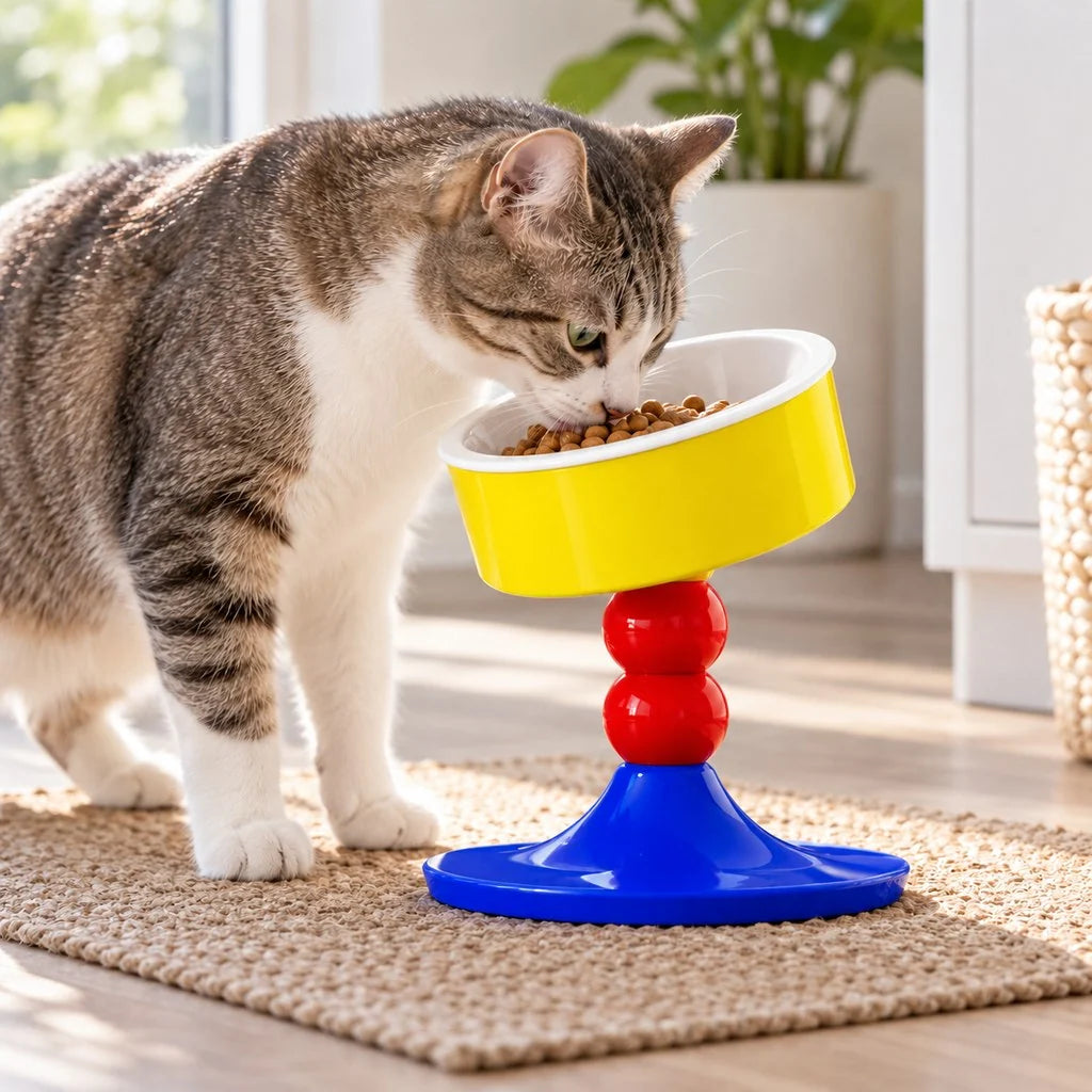 Adjustable elevated pet bowl for cats and small dogs featuring a ceramic bowl and ergonomic tilt design for comfortable feeding. 0