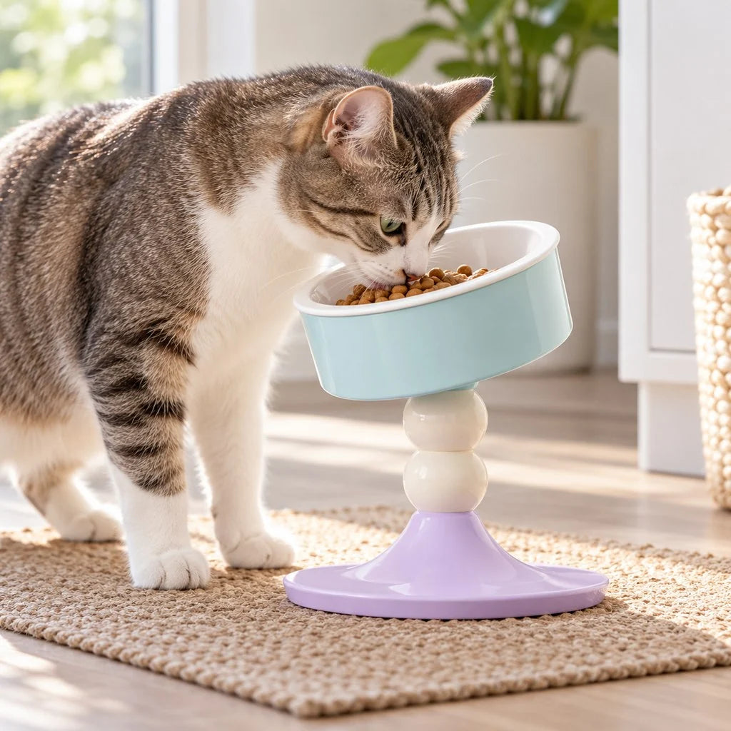 Adjustable elevated pet bowl for cats and small dogs featuring a ceramic bowl and ergonomic tilt design for comfortable feeding. 1