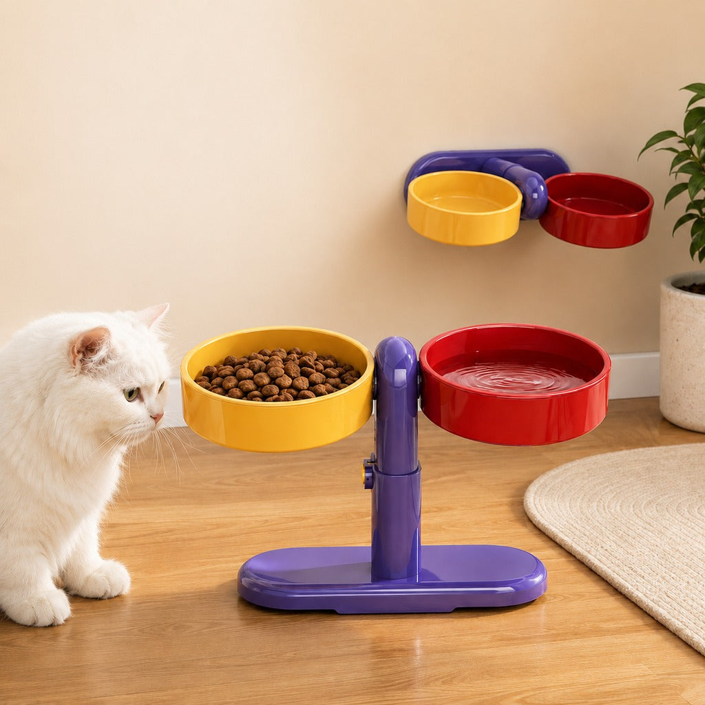 Adjustable elevated pet bowl with wall-mount option for cats and small dogs, featuring a space-saving double-bowl feeder design for comfortable dining. 0