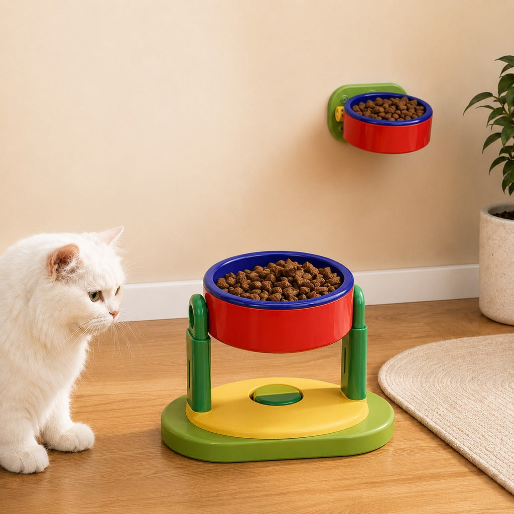 Adjustable elevated pet bowl with wall-mount option for cats and small dogs, featuring a space-saving double-bowl feeder design for comfortable dining. 10