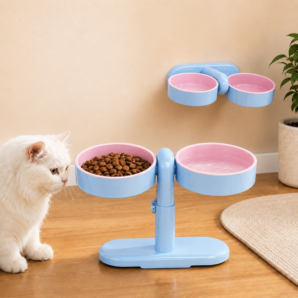 Adjustable elevated pet bowl with wall-mount option for cats and small dogs, featuring a space-saving double-bowl feeder design for comfortable dining. 8