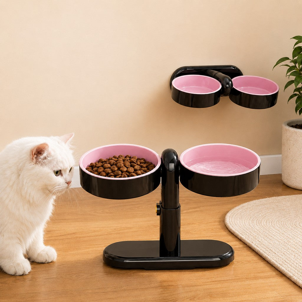 Adjustable elevated pet bowl with wall-mount option for cats and small dogs, featuring a space-saving double-bowl feeder design for comfortable dining. 9