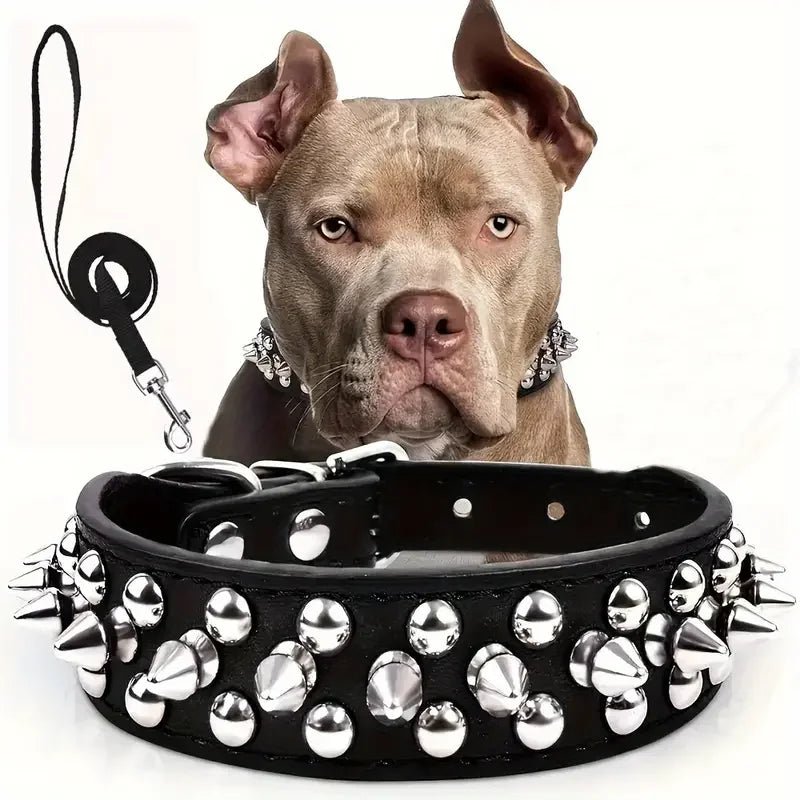 Adjustable Spike Dog Collar and Leash Set for Strong Breeds – Durable Faux Leather 0