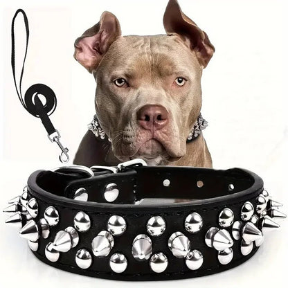 Adjustable Spike Dog Collar and Leash Set for Strong Breeds – Durable Faux Leather 0