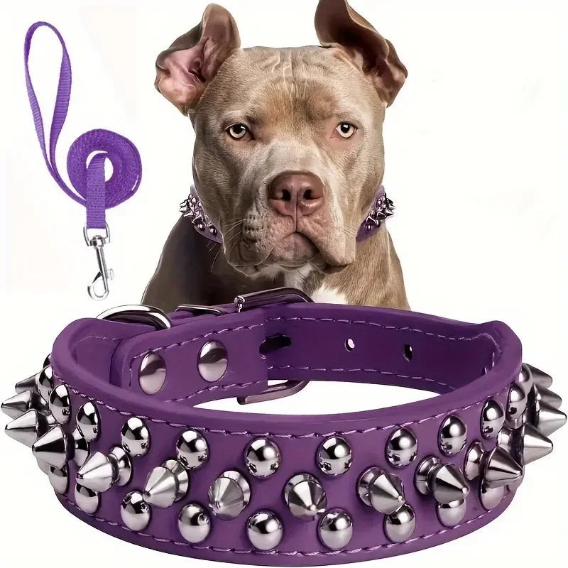 Adjustable Spike Dog Collar and Leash Set for Strong Breeds – Durable Faux Leather 8