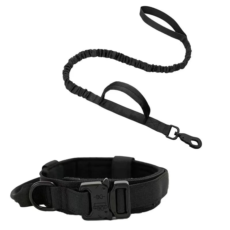 Adjustable Tactical Dog Collar and Shock-Absorbing Bungee Leash Set for Medium to Large Dogs - Reflective Design, Comfortable Nylon and Cotton 9