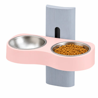 Adjustable wall-mounted dual pet bowl station for cats and dogs, featuring elevated feeding design for comfortable dining. 0
