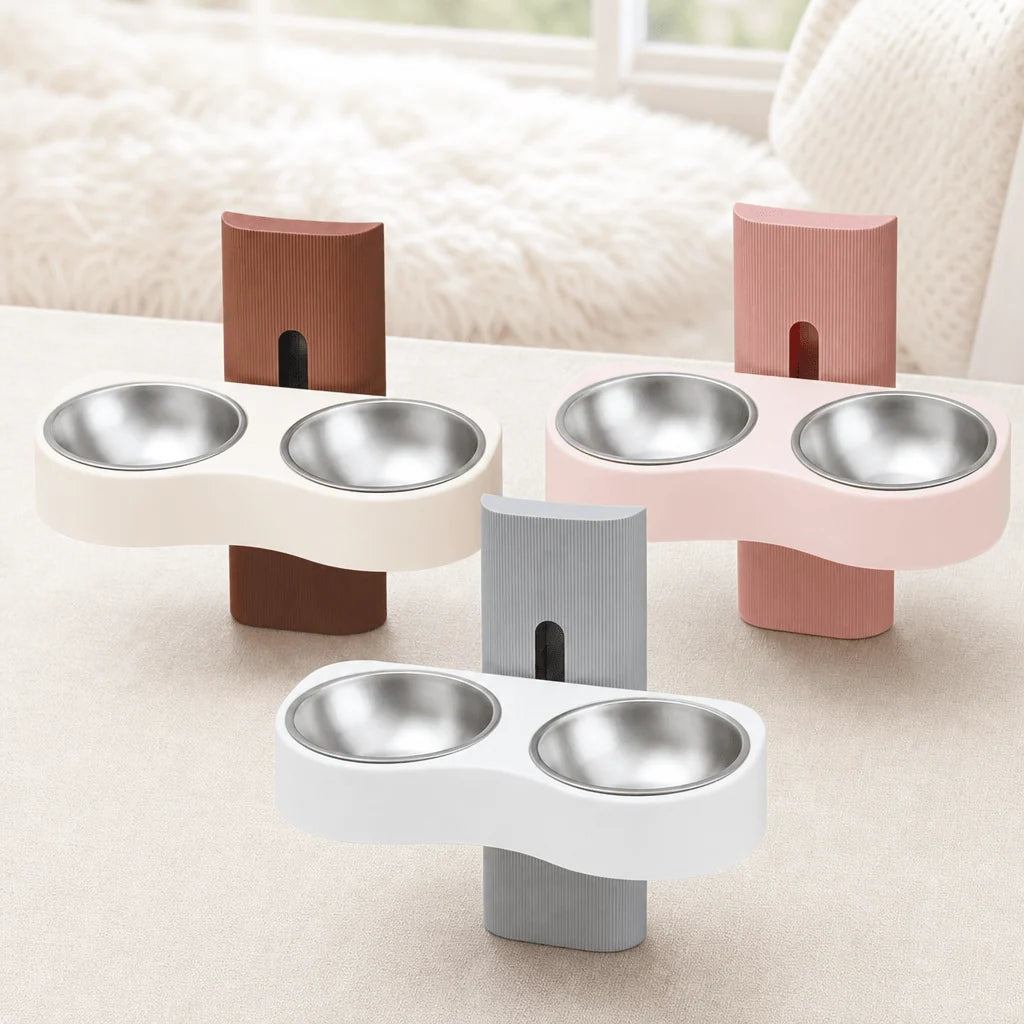 Adjustable wall-mounted dual pet bowl station for cats and dogs, featuring elevated feeding design for comfortable dining. 1