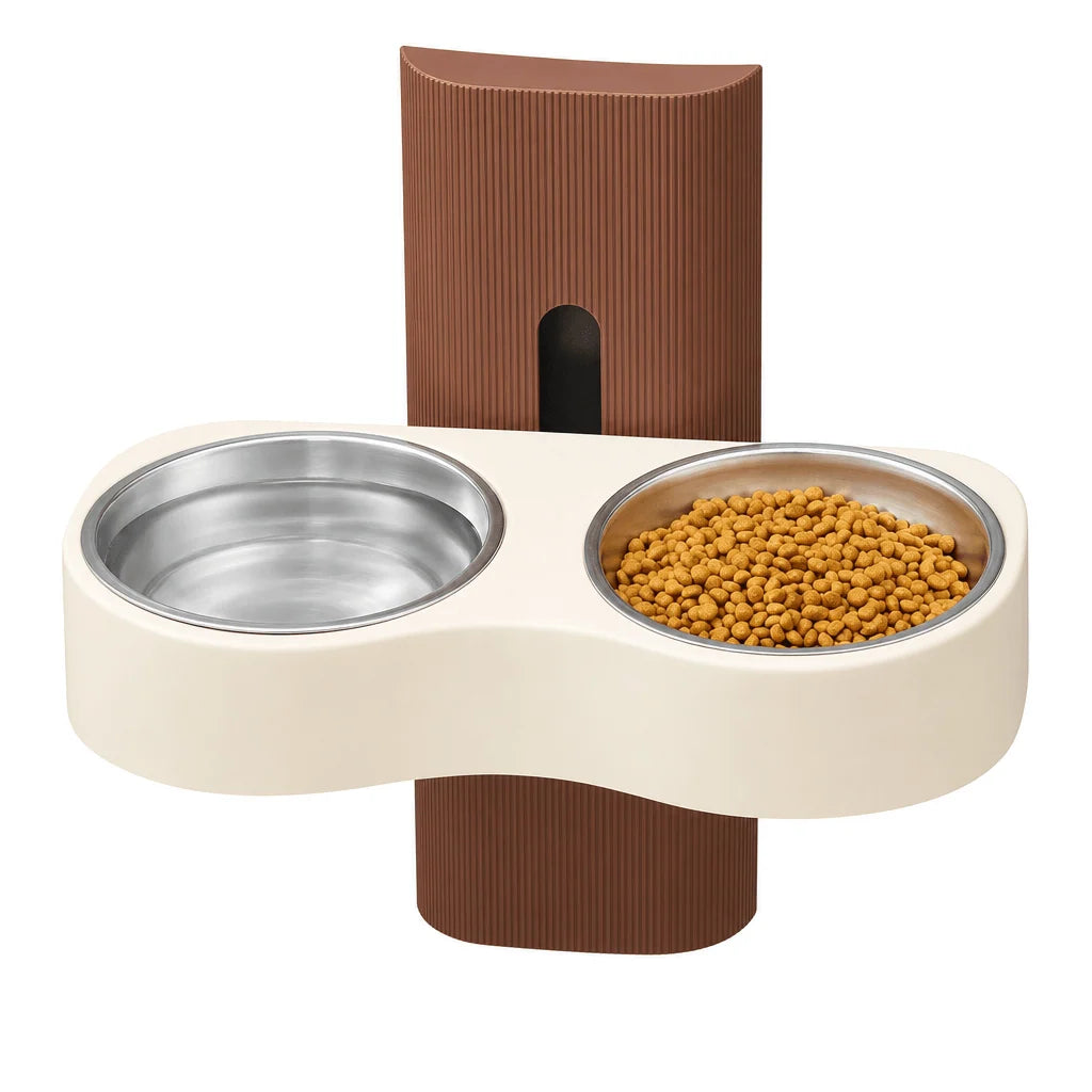 Adjustable wall-mounted dual pet bowl station for cats and dogs, featuring elevated feeding design for comfortable dining. 3