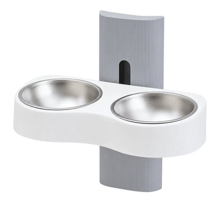 Adjustable wall-mounted dual pet bowl station for cats and dogs, featuring elevated feeding design for comfortable dining. 4