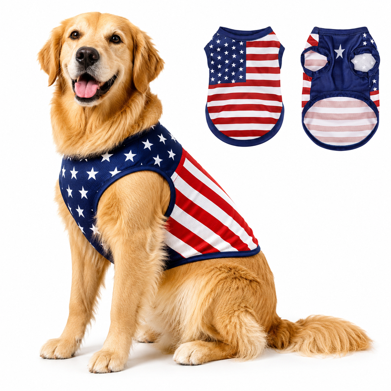 American Flag Dog Vest featuring a lightweight, adjustable design for comfortable wear during outdoor adventures, showcasing a patriotic theme. 1
