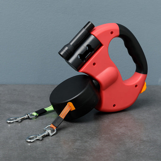 Anti-tangle double dog leash made from durable pet-safe materials, featuring adjustable length for easy walking with two dogs. 0