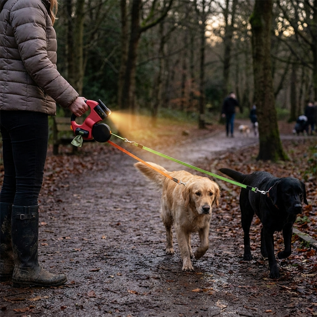 Anti-tangle double dog leash made from durable pet-safe materials, featuring adjustable length for easy walking with two dogs. 1