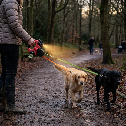 Anti-tangle double dog leash made from durable pet-safe materials, featuring adjustable length for easy walking with two dogs. 1