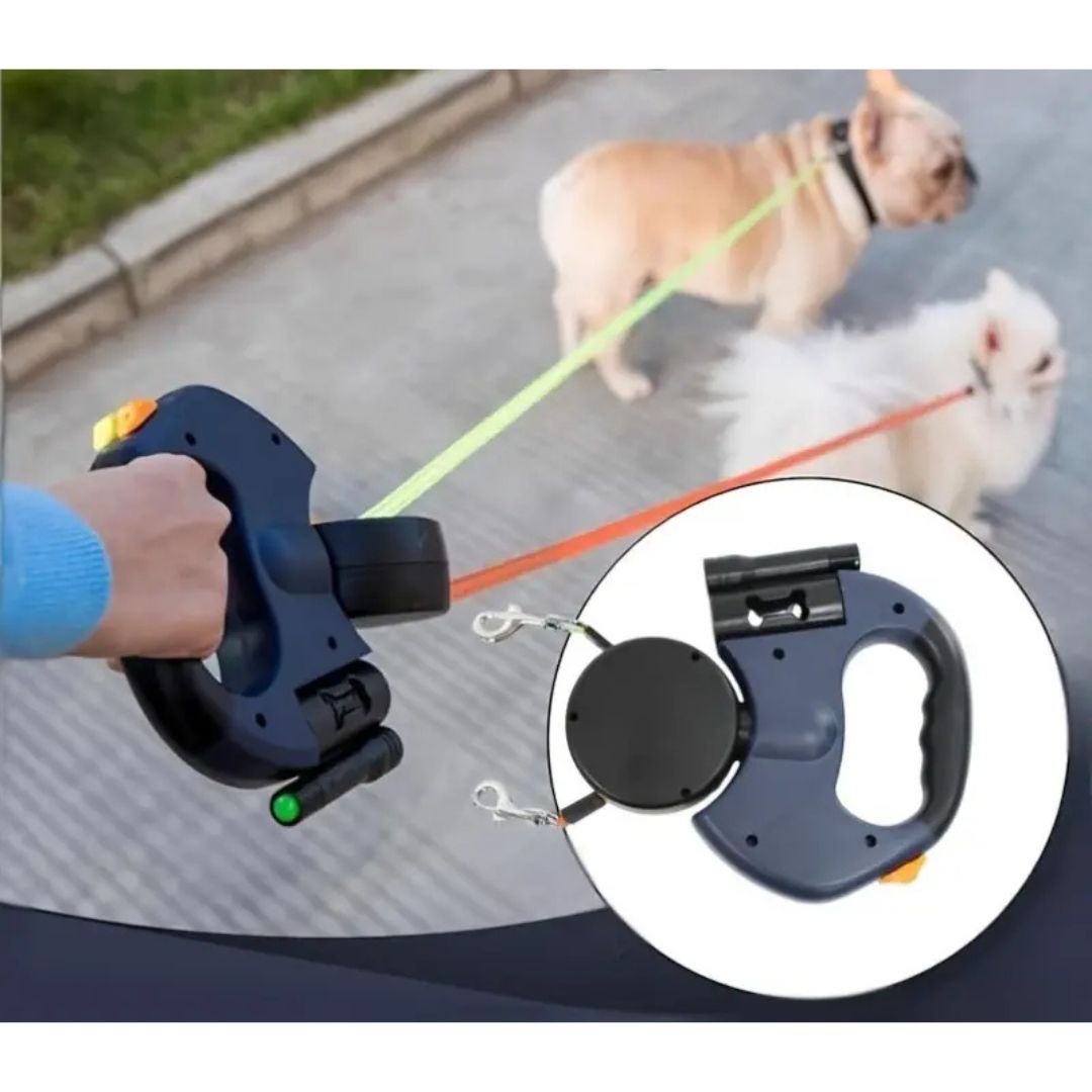 Anti-tangle double dog leash made from durable pet-safe materials, featuring adjustable length for easy walking with two dogs. 4