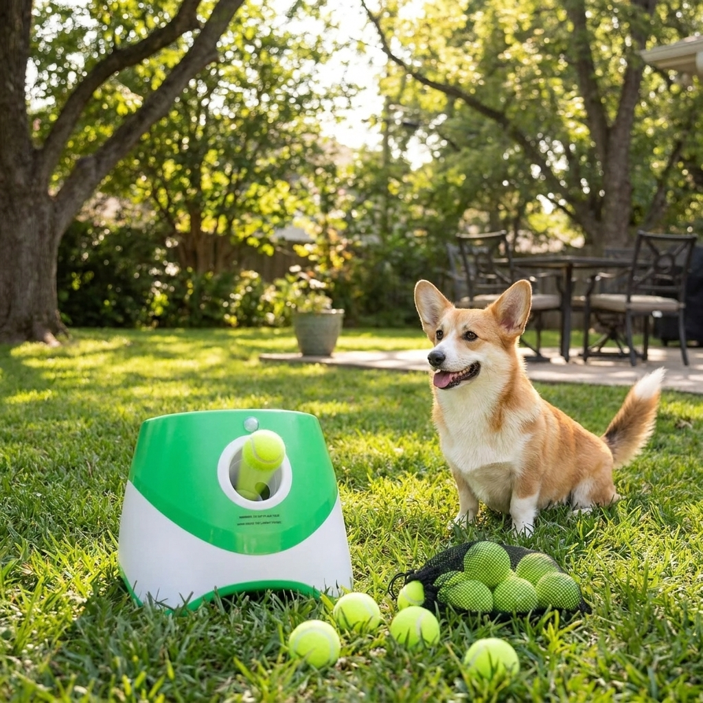 Automatic Dog Ball Thrower designed for indoor and outdoor use, featuring adjustable distance settings and made from durable non-toxic plastic, perfect for engaging your dog in 0