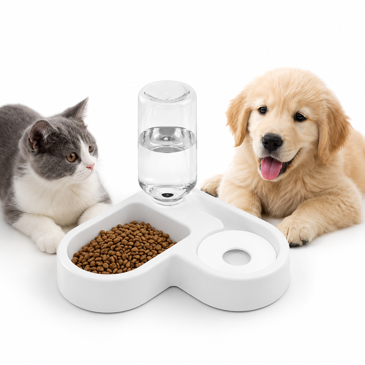 Automatic pet feeding station featuring a compact 2-in-1 bowl design with an integrated water dispenser, ideal for cats and dogs. 0