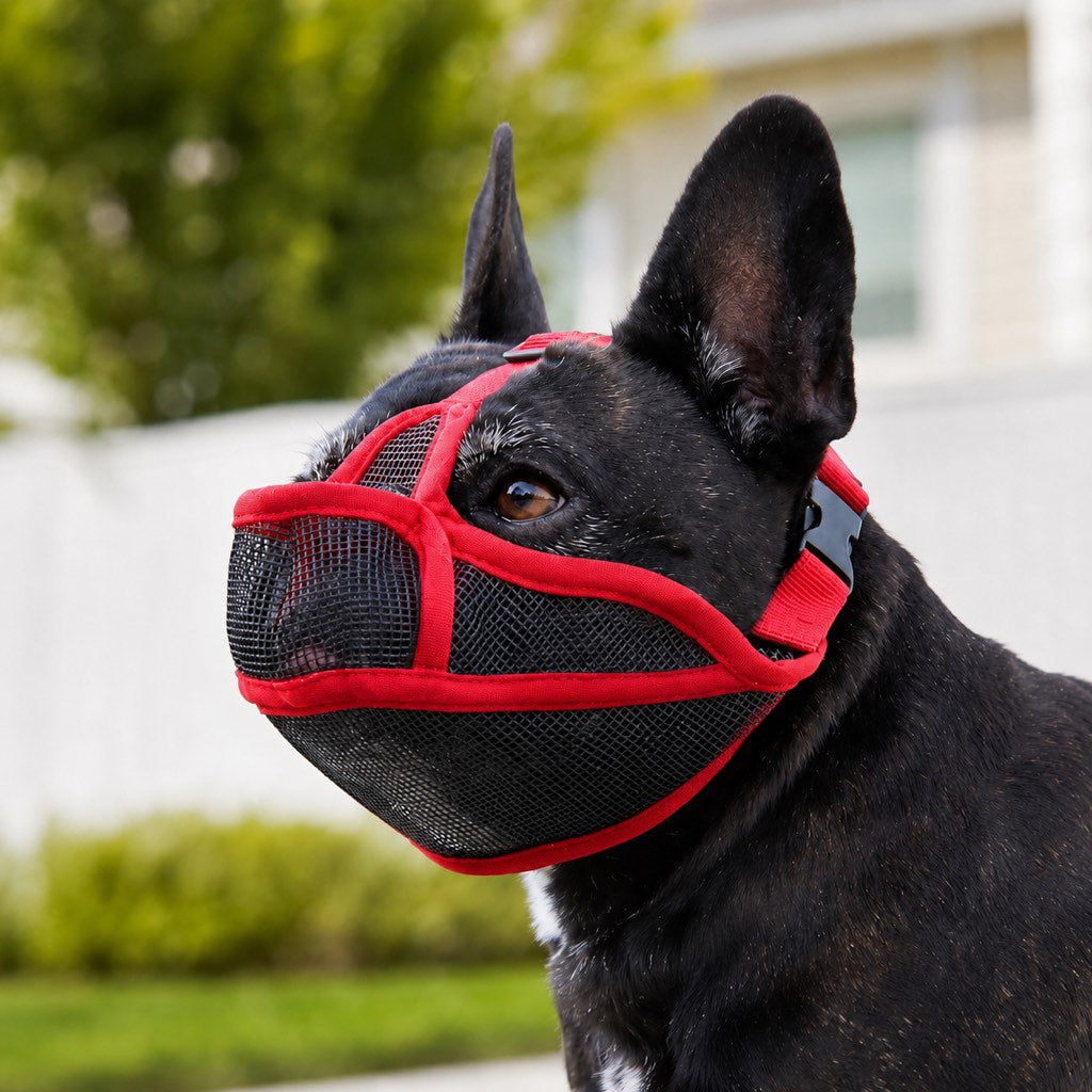 Basket muzzle for dogs featuring a breathable mesh design and drink-friendly open structure, perfect for short-snout breeds like Bulldogs and Pugs. 10