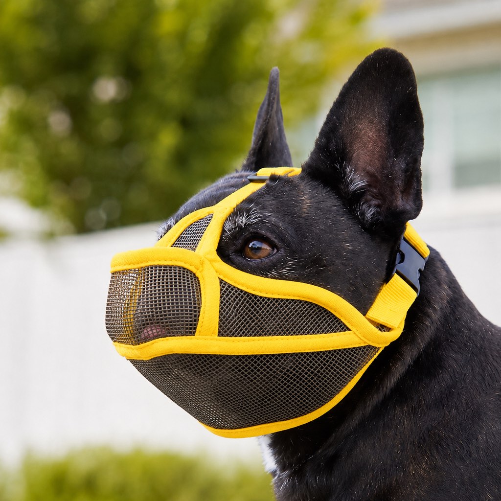 Basket muzzle for dogs featuring a breathable mesh design and drink-friendly open structure, perfect for short-snout breeds like Bulldogs and Pugs. 9