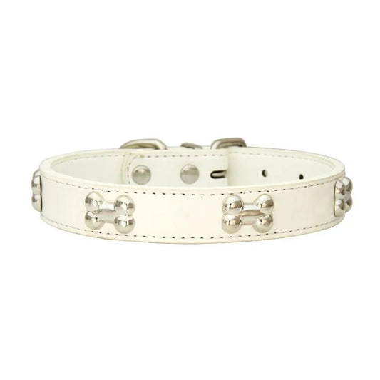 Bone-Shaped Leather Dog Collar - Adjustable Size for Small and Large Breeds - Durable and Stylish Design 0
