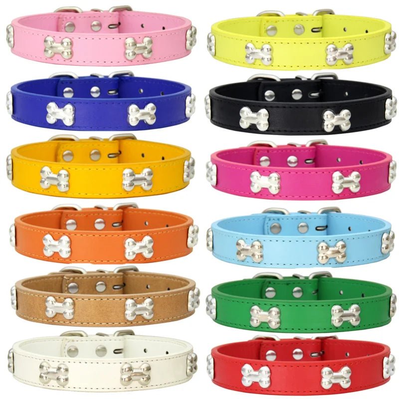 Bone-Shaped Leather Dog Collar - Adjustable Size for Small and Large Breeds - Durable and Stylish Design 1