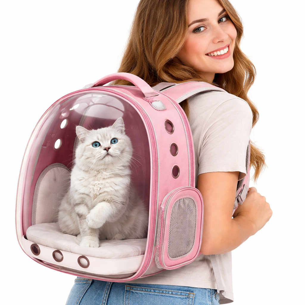 Breathable cat carrier backpack featuring ventilation mesh, designed for ergonomic comfort during hiking and outdoor adventures with pets. 1