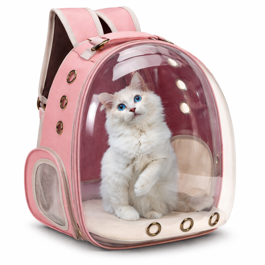 Breathable cat carrier backpack featuring ventilation mesh, designed for ergonomic comfort during hiking and outdoor adventures with pets. 3