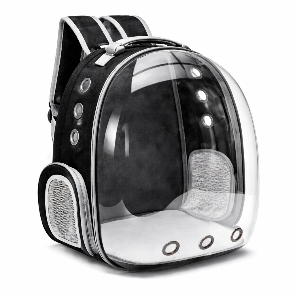 Breathable cat carrier backpack featuring ventilation mesh, designed for ergonomic comfort during hiking and outdoor adventures with pets. 6