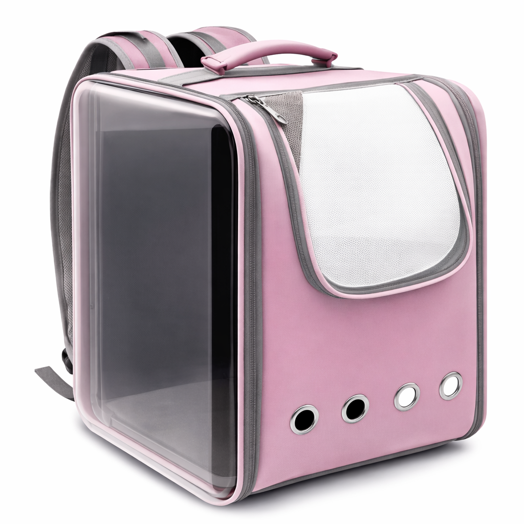 Breathable cat carrier backpack featuring ventilation mesh, designed for ergonomic comfort during hiking and outdoor adventures with pets. 7