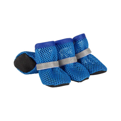 Breathable dog boots with reflective straps and cushioned sole, designed for summer walks, featuring a lightweight material for comfort and safety, sold in a 0