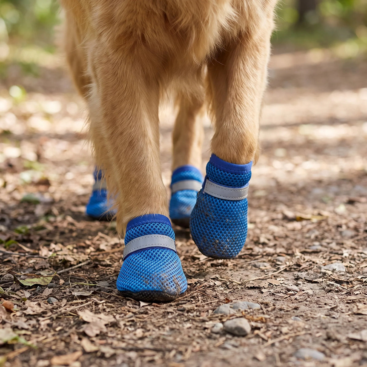 Breathable dog boots with reflective straps and cushioned sole, designed for summer walks, featuring a lightweight material for comfort and safety, sold in a 1