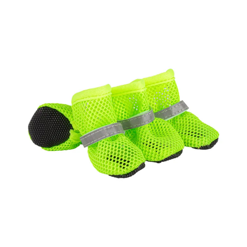 Breathable dog boots with reflective straps and cushioned sole, designed for summer walks, featuring a lightweight material for comfort and safety, sold in a 4