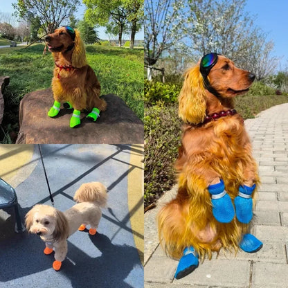 Breathable dog boots with reflective straps and cushioned sole, designed for summer walks, featuring a lightweight material for comfort and safety, sold in a 7