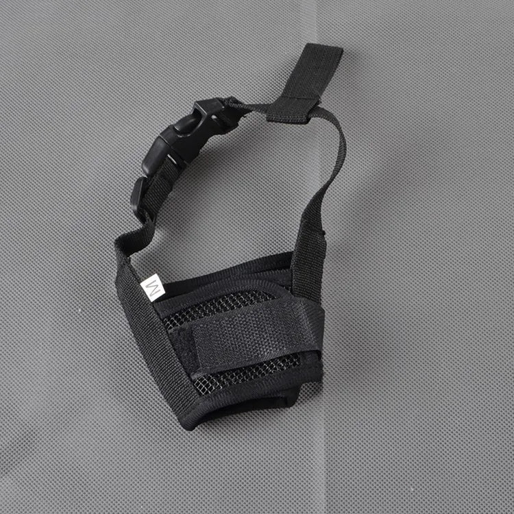 Breathable mesh dog muzzle designed for small dogs, featuring adjustable nylon straps for a comfortable and secure fit. 0