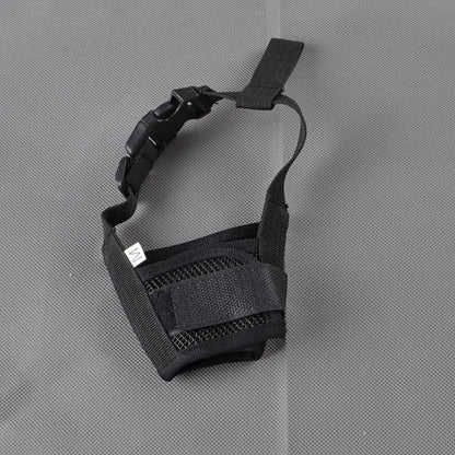 Breathable mesh dog muzzle designed for small dogs, featuring adjustable nylon straps for a comfortable and secure fit. 0